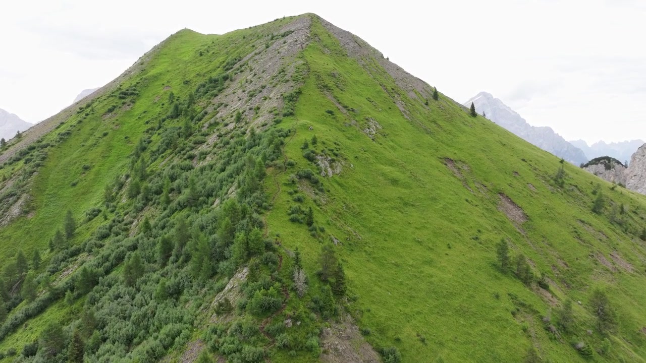 Drone che riprende un volo ascendente su una vivace cima di montagna con una ricca vegetazione.