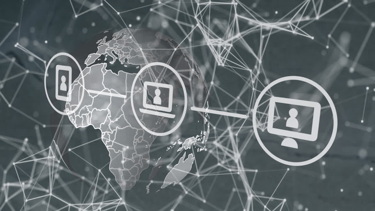 animación de iconos digitales y red de conexiones sobre un globo giratorio contra un fondo gris.