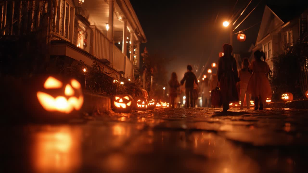A Spooky Halloween Scene With Glowing Jack-o'-Lanterns Lighting Up the Night as Trick-or-Treaters Stroll Down the Cobblestone Street Surrounded by Autumn Decorations