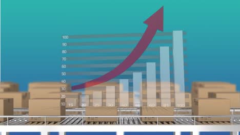 animation of statistical data processing over boxes on conveyer belt against blue background