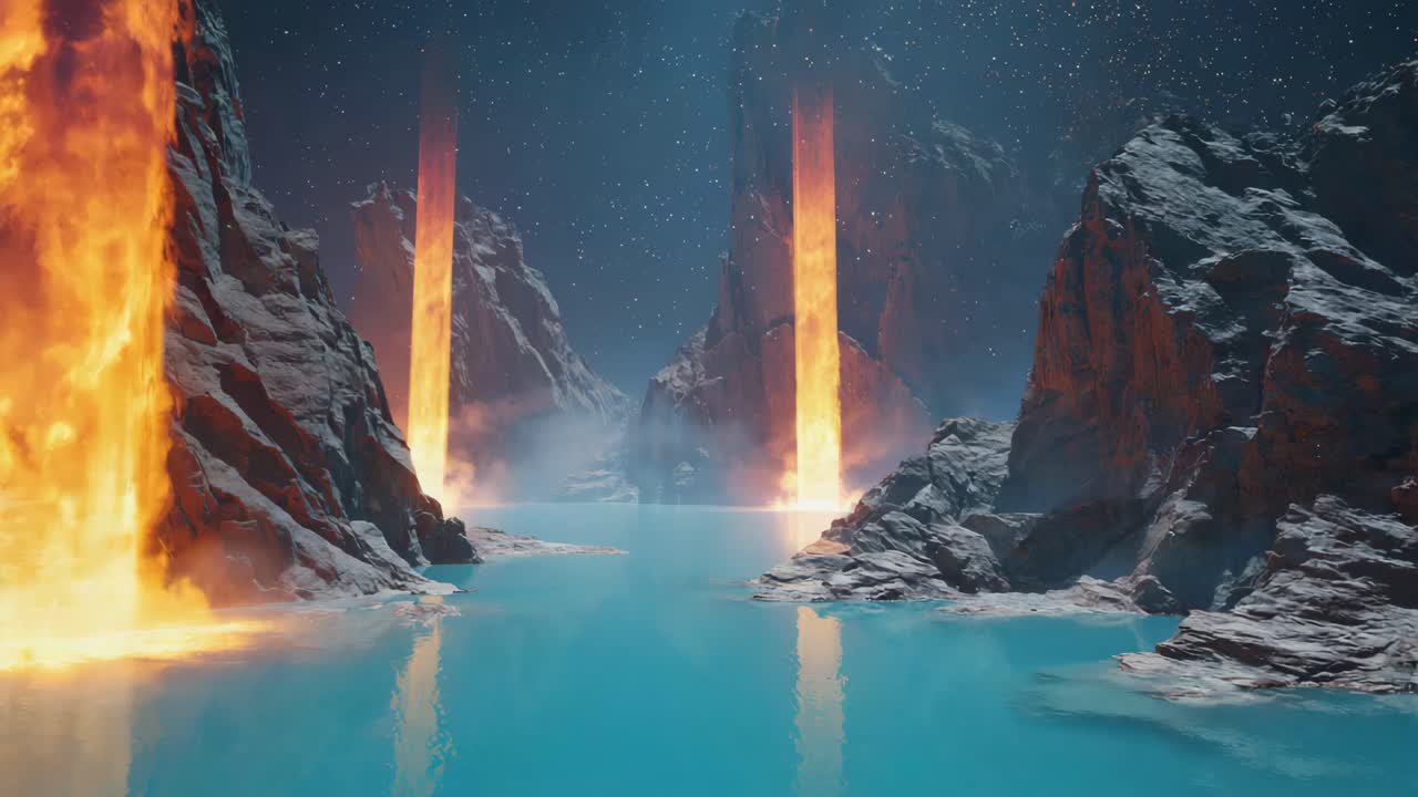 Fantasy Landscape with Waterfalls and Stars