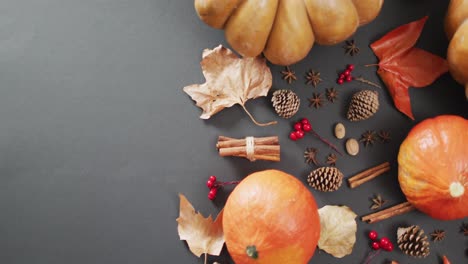 video of pumpkins with autumn leaves, pinecones and spices on black background