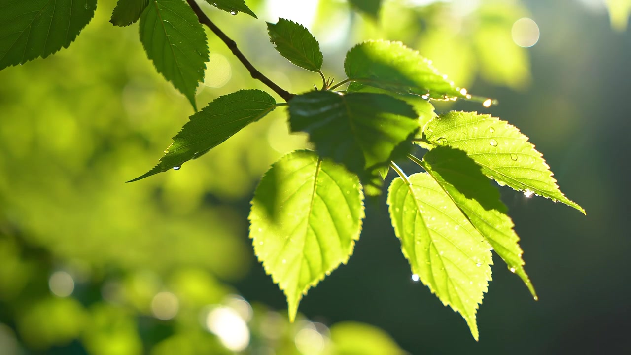Sunlit green leaves with fresh dew drops in spring forest