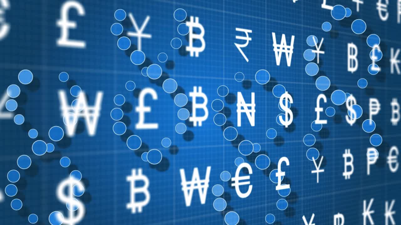 Floating markers starting pan, currency signs focusing and rings forming, showing flow on blue grid