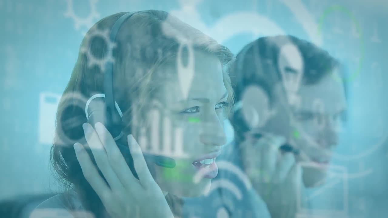 전화 헤드 ⁇ 을 사용하는 다양한 비즈니스 사람들에 대한 아이콘과 연결 네트워크의 애니메이션