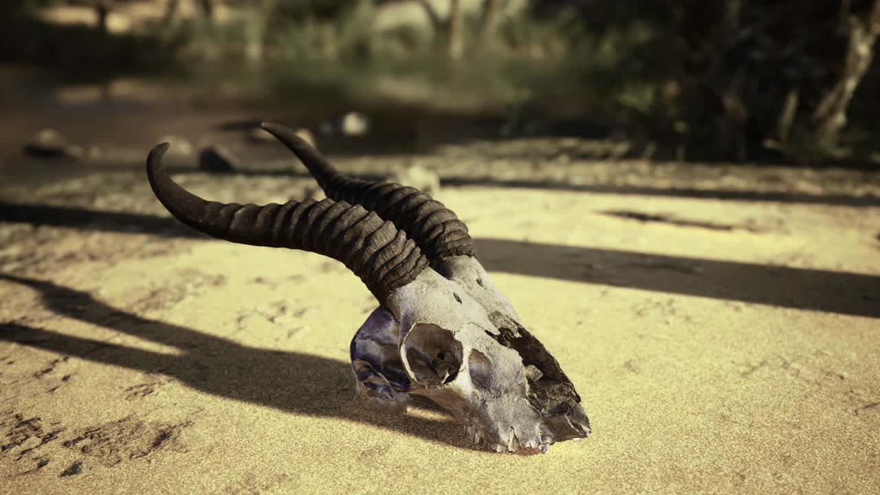 Skull with horns lying in sandy landscape under sunlight