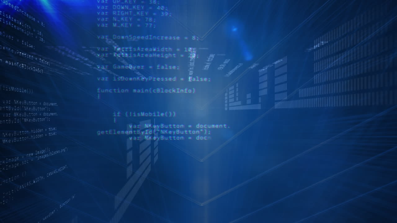Animation of data processing and binary coding on blue background