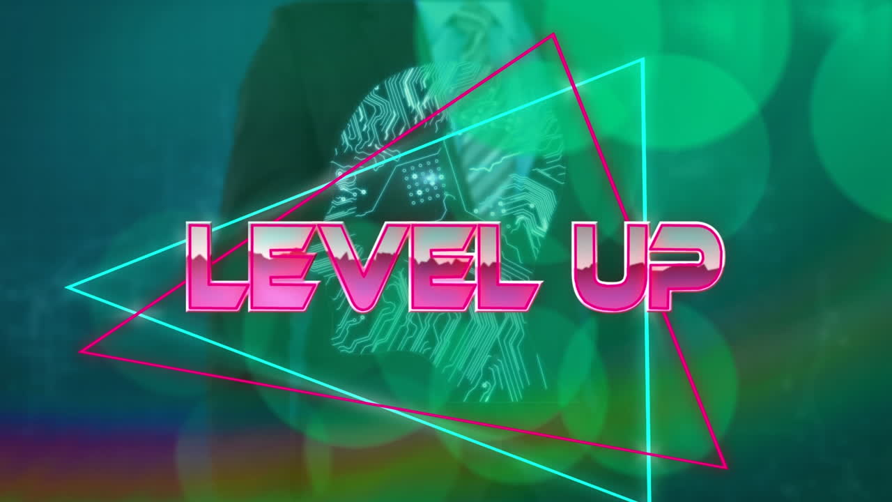 Level up text on neon triangles against mid section of businessman touching invisible screen