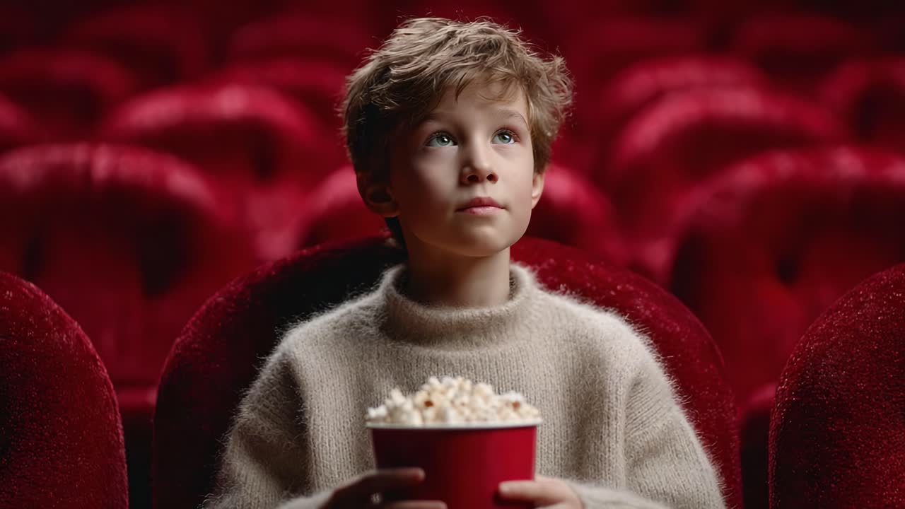 A Young Moviegoer in a Cozy Sweater Sits Eagerly in a Theater, Holding a Bowl of Popcorn, Capturing the Anticipation and Joy of Watching a Film