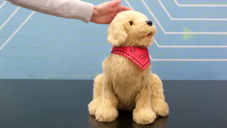 a person's hand petting a robotic golden retriever dog