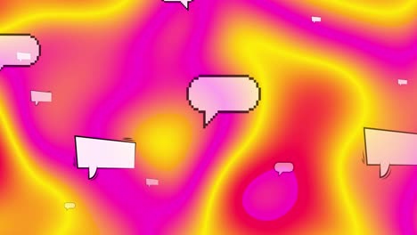animación de burbujas de voz, iconos y formas sobre fondo rosado