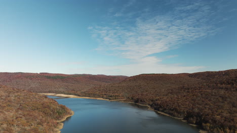 tranquil scenery of the lake at lake fort smith state park, arkansas, usa - aerial shot