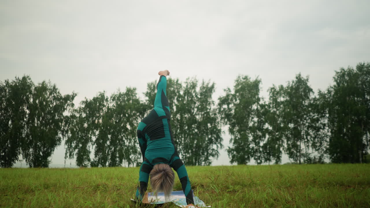 초록색과 검은색 의상을 입은 여성이 야외에서 요가 매트에서 아래로 향하는 개 포즈를 연습하고 있으며, 구름이 많은 하늘 아래 잔디로 인 안개 에서 멀리 서 있는 나무들이 있습니다.