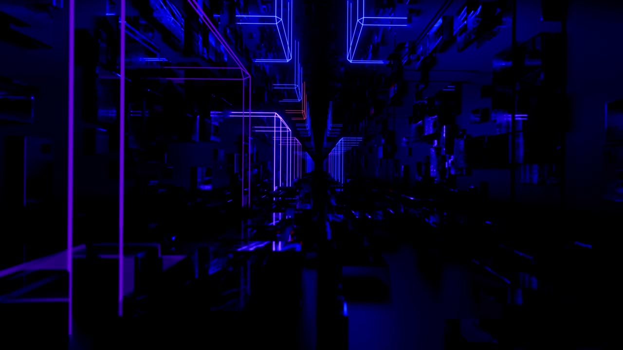 el túnel de ciencia ficción de neón de alta tecnología parpadea luces de neón. las líneas de brillo de neón a la moda forman patrones y construcciones en el túnel de espejo. vuela a través del ciberespacio tecnológico.