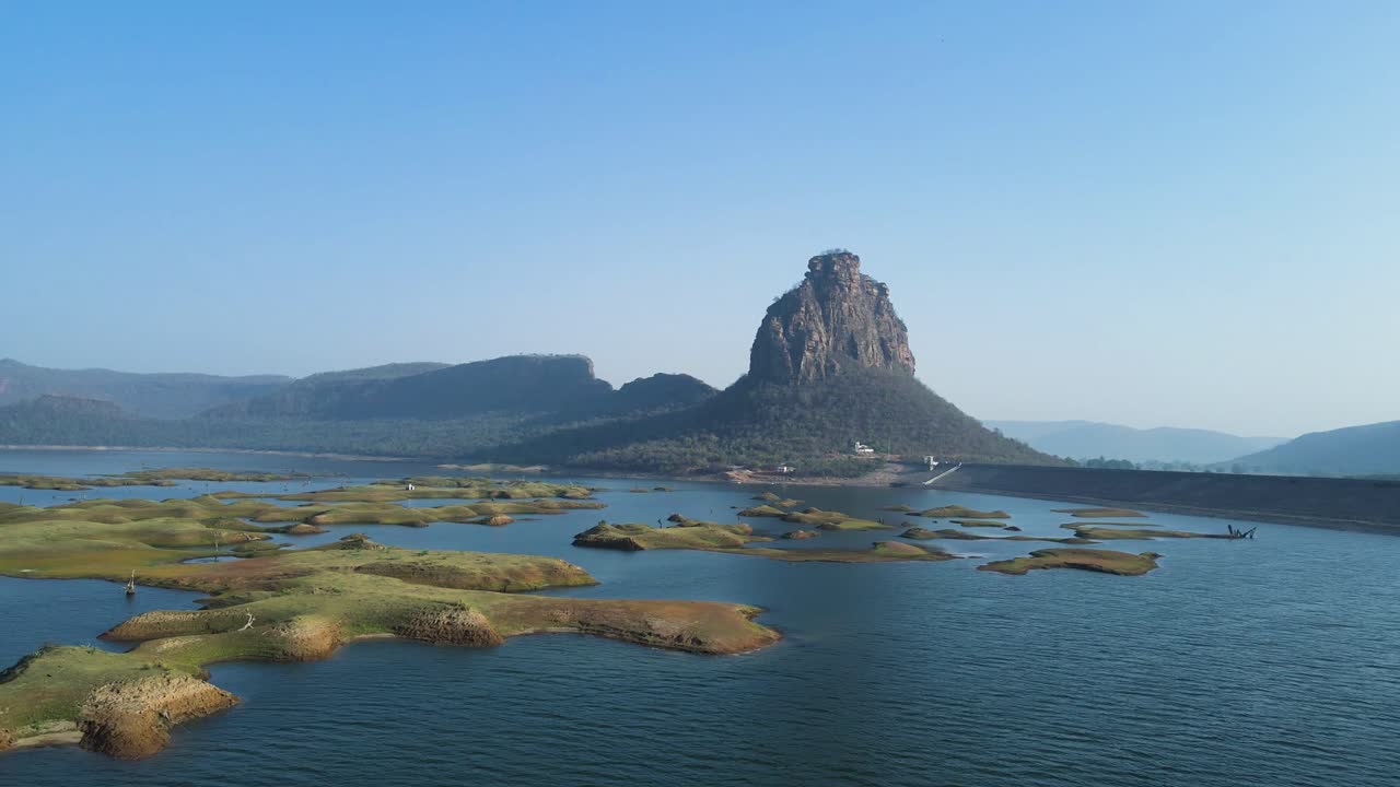 Aerial drone shot of Karamchat Dam in Bihar, showcasing its vast reservoir and surrounding landscape.