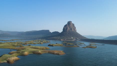 aerial drone shot of karamchat dam in bihar, showcasing its vast reservoir and surrounding landscape.