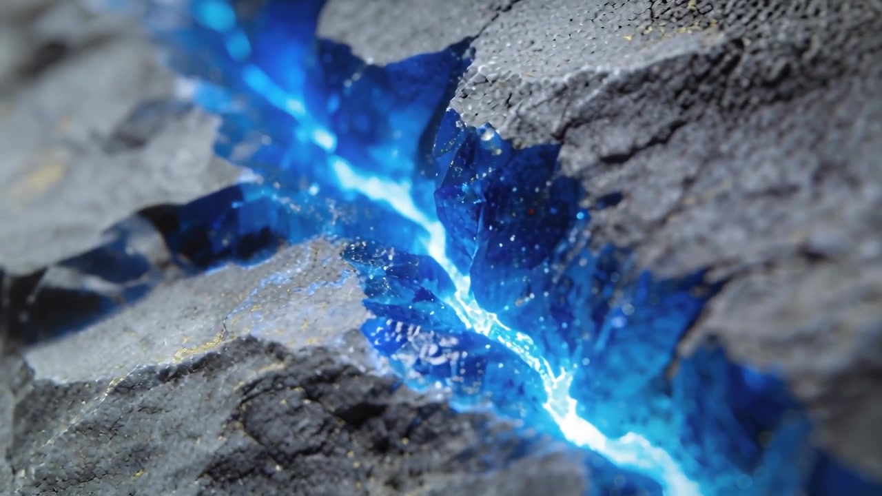 Sottile linea blu che si illumina aprendo una fessura attraverso una parete rocciosa vicina, emettendo scintille che mostrano cristalli.