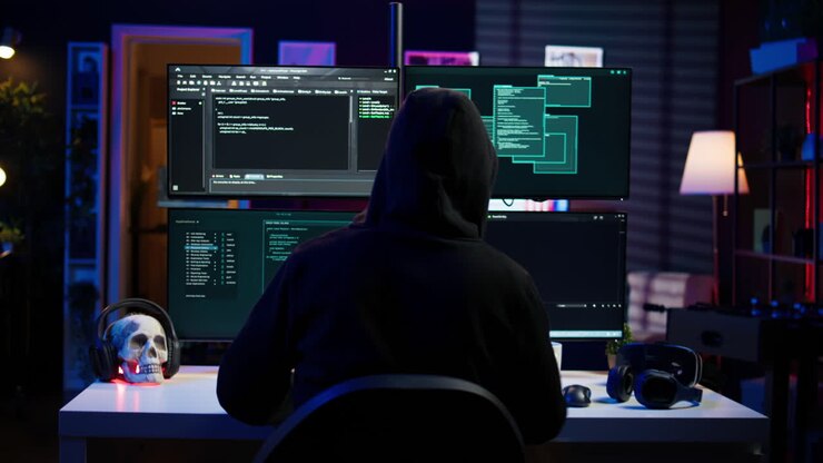 Un hacker lupo solitario in un nascondiglio segreto che cerca di nascondere l'attività online