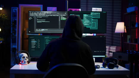 hacker lupo solitario in nascondiglio segreto che cerca di nascondere l'attività online