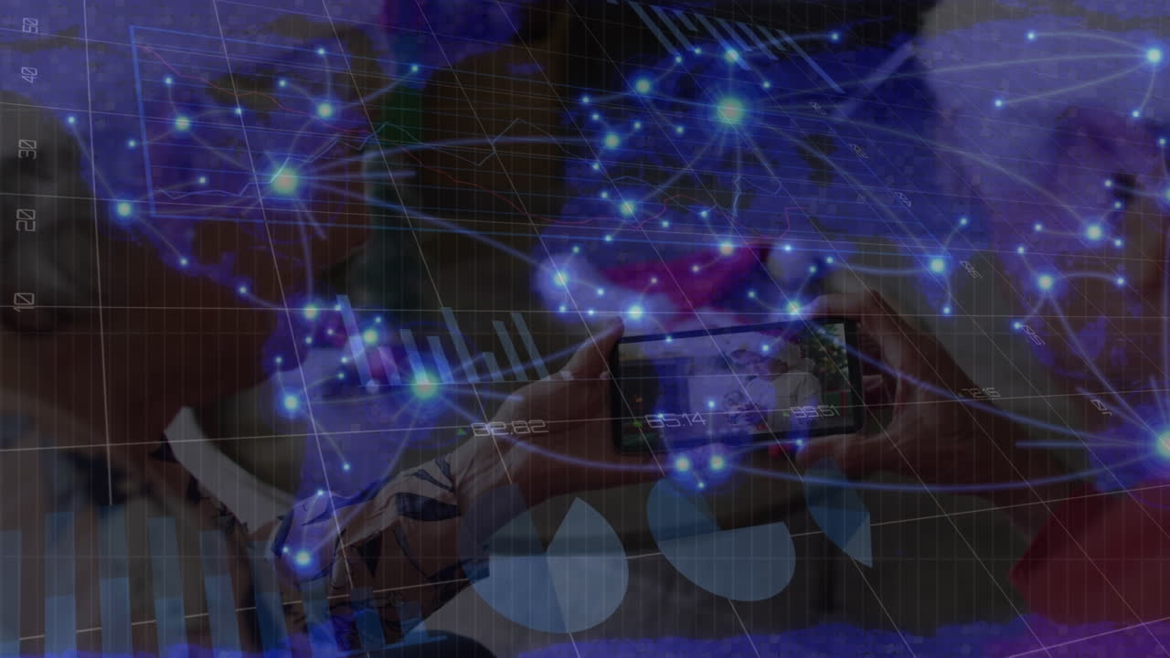 노인 커플이 스마트폰으로 비디오 통화를 하는 백인 커플을 통한 연결 네트워크의 애니메이션