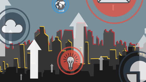 animation of arrows ans icons over city scape