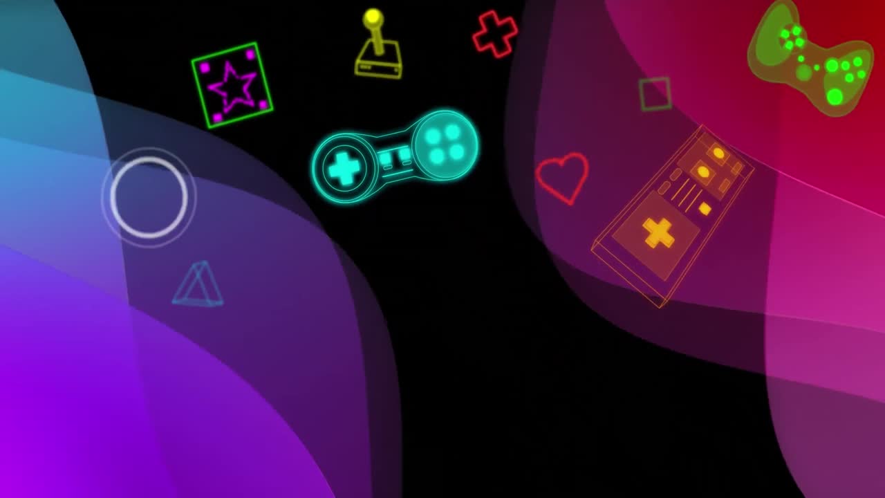 animación de la interfaz digital de videojuegos de neón parpadeando sobre ondas rosadas y púrpuras