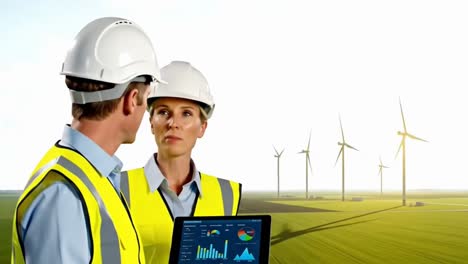 two engineers discussing plans at a wind turbine farm