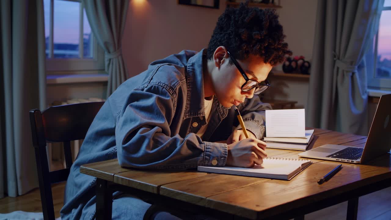 A young person studies at a desk in a cozy room, captured from a side angle