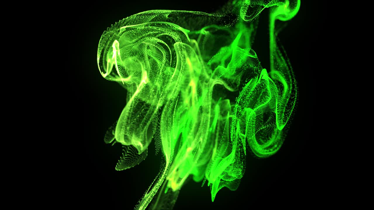 4k 입자 폭발 - 버섯처럼 날아다니는 가루 어리 - 추상적인 디지털 에너지 느린 움직임 입자 배경 - 다채로운 버섯 모양의 폭발 - 파편이 날아 다니는 춤 - 천 개의 점이 날아다닙니다 - 녹색