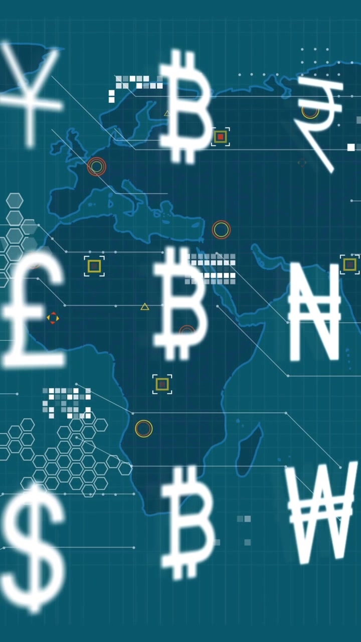 Animation of currency and financial data processing over world map