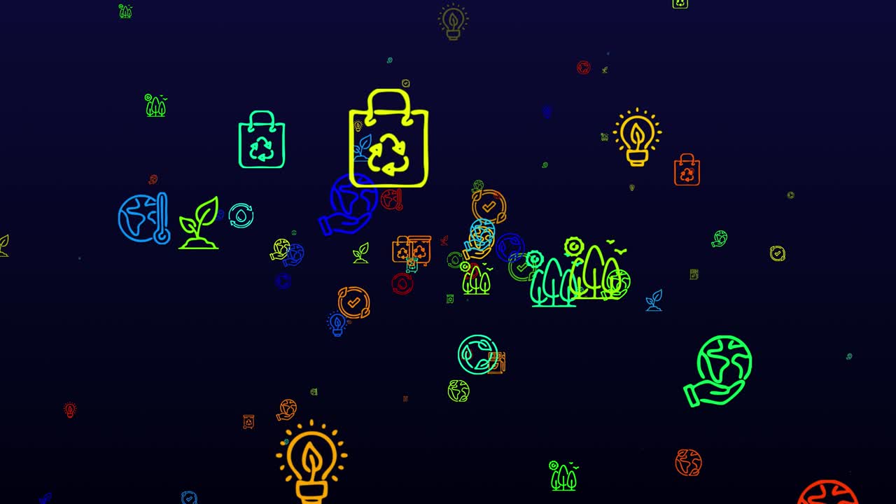 Recycles Day. neon icons background. seamless pattern. loop animation. small, multicolored icons, illustrations or logos appear, fly slowly on black backdrop