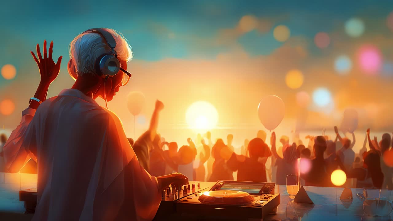 A vibrant sunset scene showcases a DJ performing at an energetic outdoor party, captivating a lively crowd filled with balloons, music, and festive atmosphere