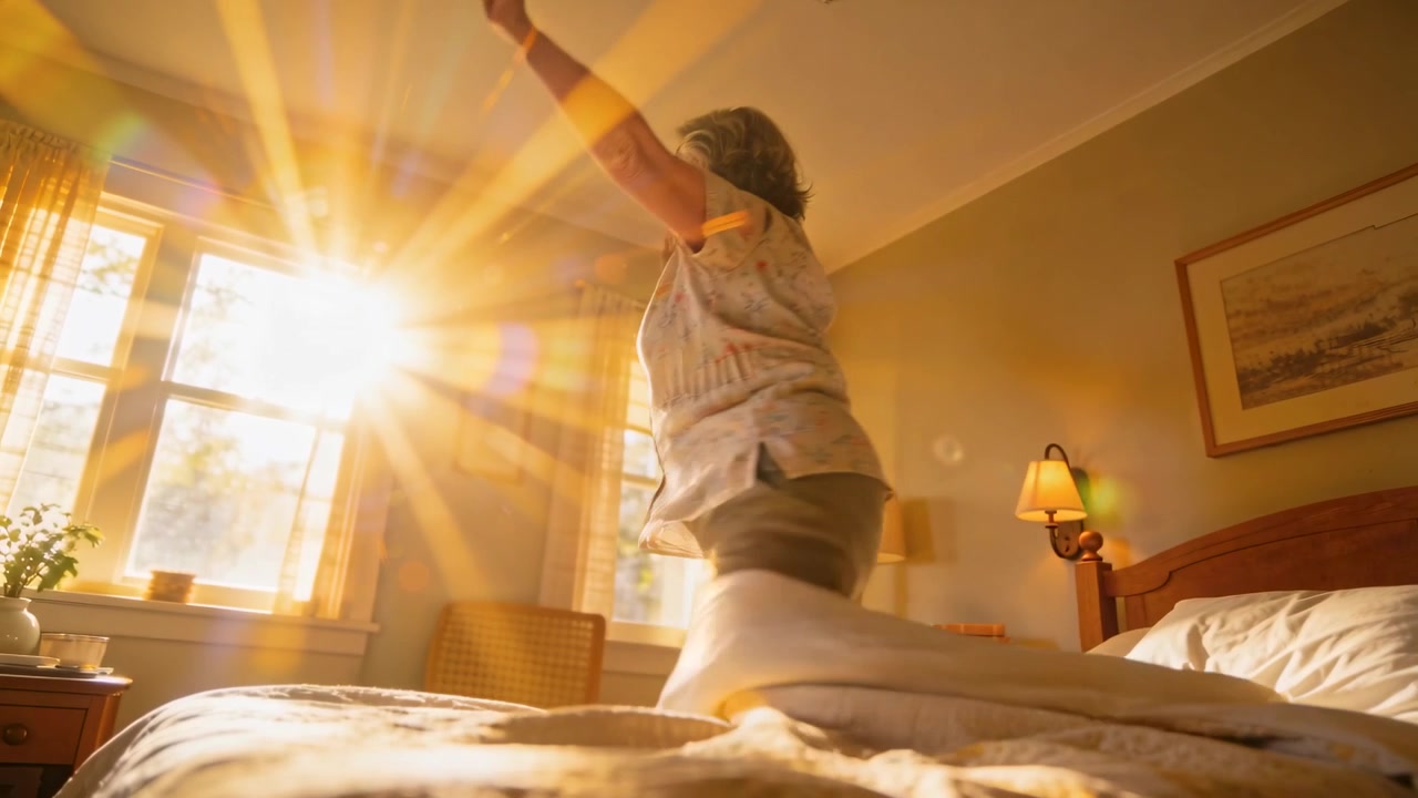 Sole attraverso la finestra che sveglia una donna anziana in camicetta, che si alza, salutando il mattino in camera da letto, spazio per il testo