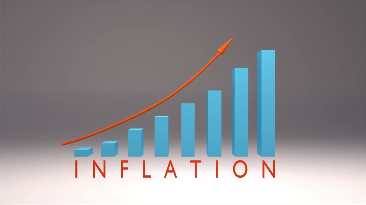 aumento del concepto de inflación. columnas azules ascendentes y una flecha redonda hacia arriba para demostrar el aumento de la inflación.
