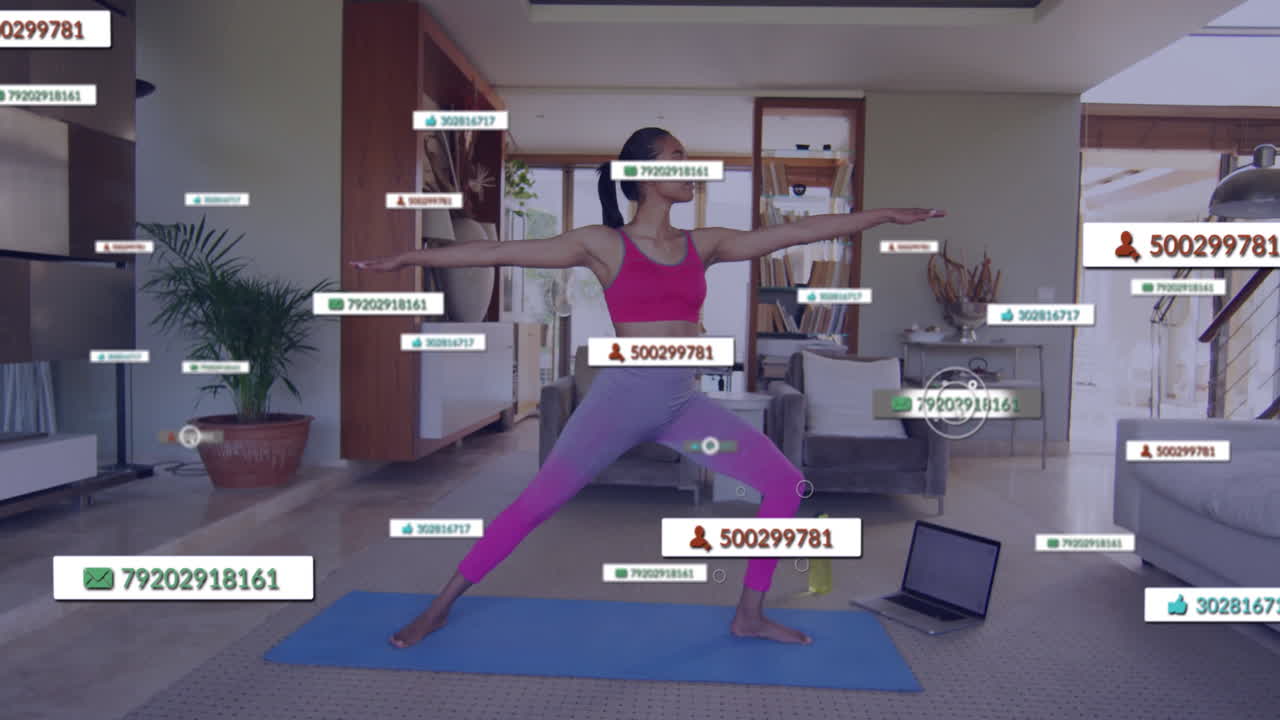 Practicing yoga at home, woman receiving social media notifications in animation