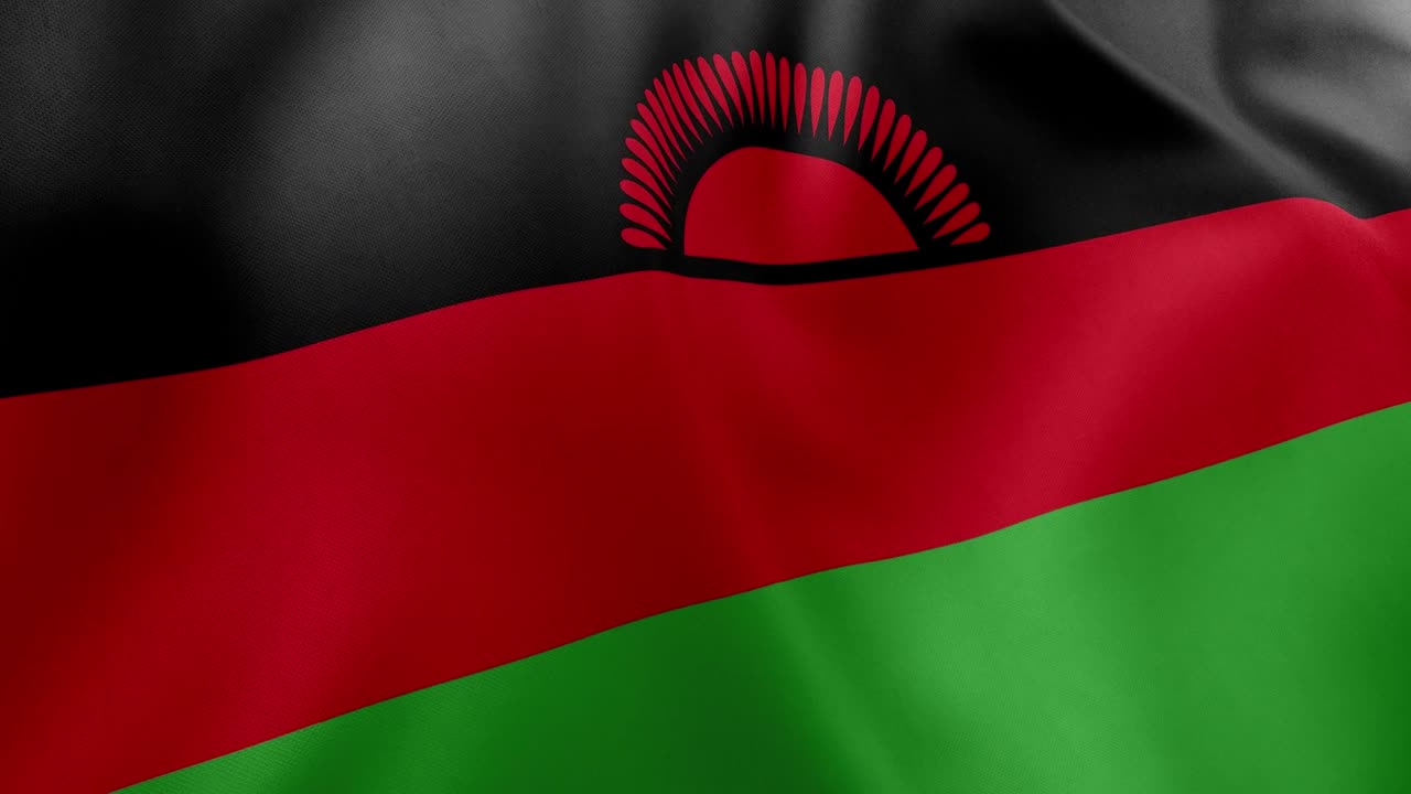 Realistic waving flag of Malawi, black, red, green stripes, red rising sun. Southeast African nation symbol, Lilongwe, patriotism, Malawi