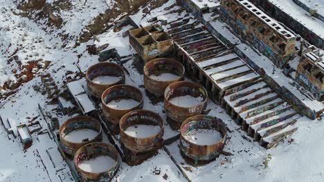 A-drone-shot-directly-overhead,-captures-the-water-and-leaching-tanks-as-well-as-the-roasters-of-the-Old-Tintic-Mill,-gold,-silver-and-lead-processing-plant-in-Genola,-Utah,-built-in-the-1920s