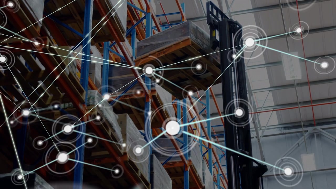 Forklift Moving Pallets in a Warehouse with Digital Network Overlay