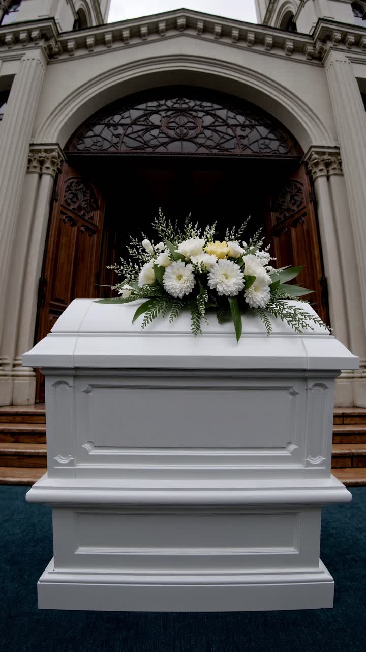 Inquadratura dal basso di una bara bianca con fiori davanti all'ingresso di una chiesa, che trasmette un'atmosfera cupa
