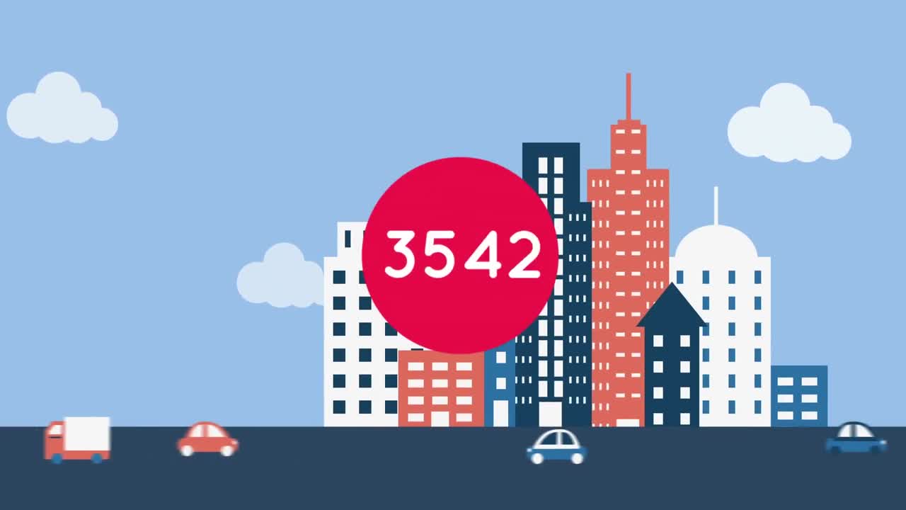 현대 도시 거리 위의  ⁇ 은 원에 상승하는 숫자의 애니메이션