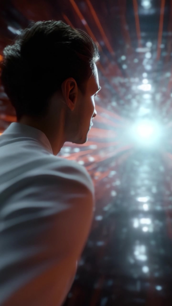 Uma Jornada Introspectiva Rumo à Luz: Uma Figura de Branco Explora um Túnel Futurista de Luminosidade e Reflexos em um Reino Digital