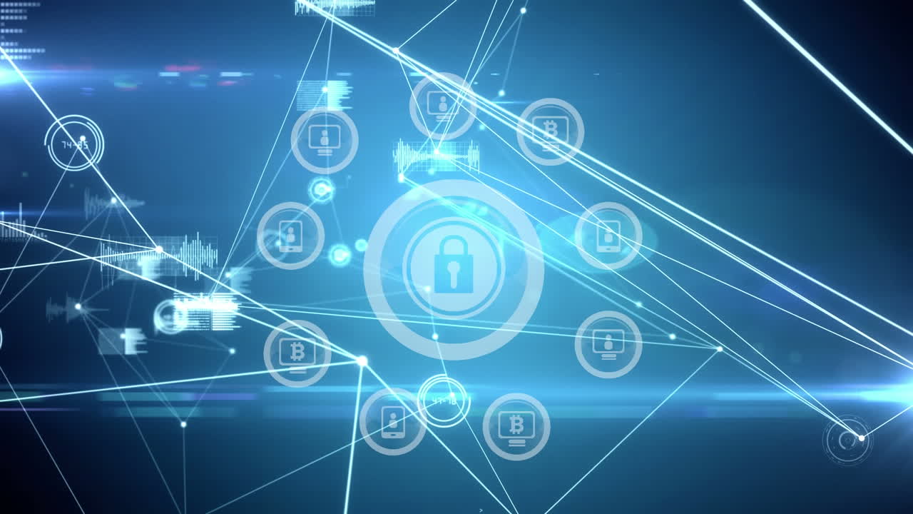 Digital animation of network of connections over multiple security padlock icons on blue background