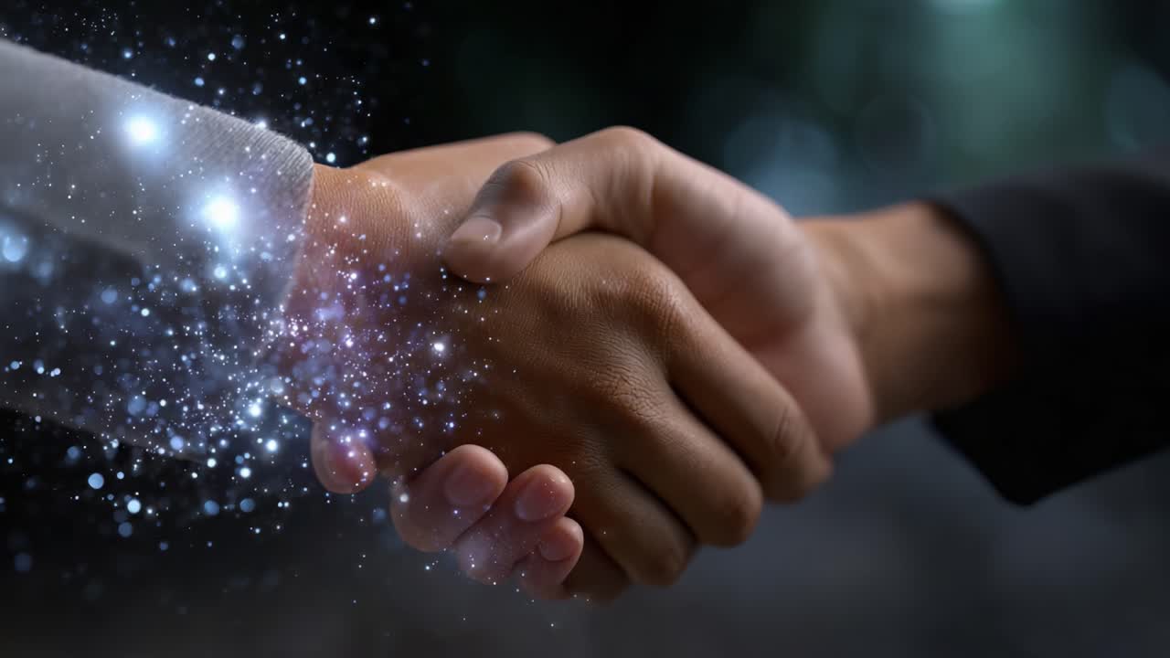 A Sparkling Agreement: Two Hands Unite in a Powerful Handshake Emphasizing Collaboration and Connection with a Touch of Magical Energy in the Frame
