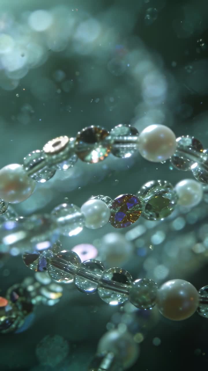 Video verticale: Fili di perle rotanti che si muovono in macro verso la telecamera, rivelando lo scintillio dei cristalli.