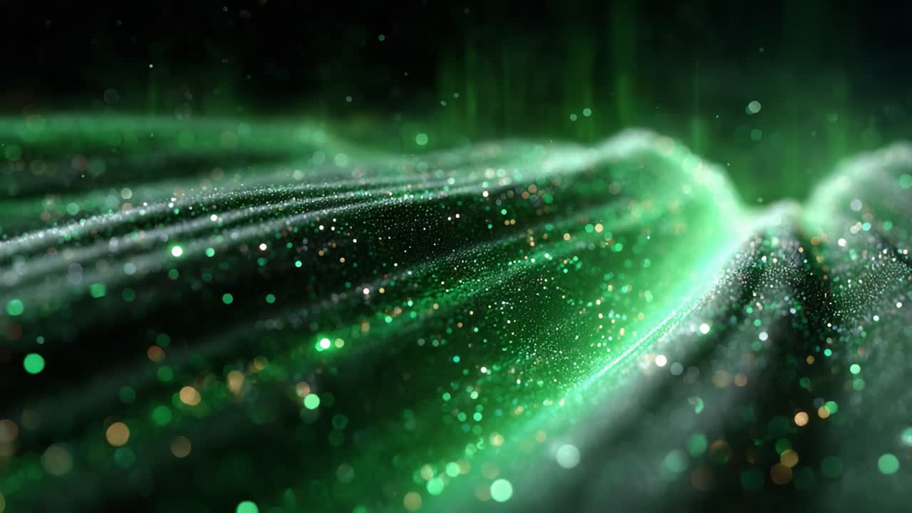 Mesmerizing Green Light Waves: A Hypnotic Journey Through Sparkling Particles and Fluid Motions Captured in Vibrant Detail