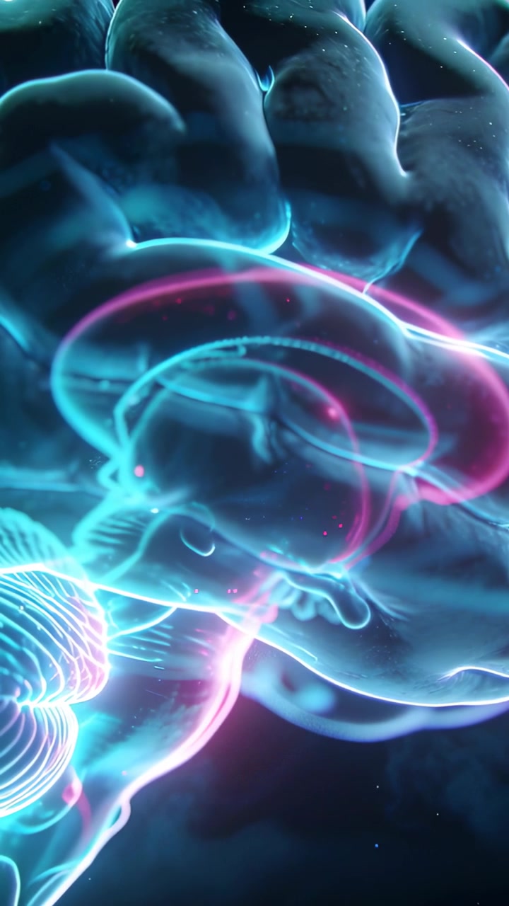 Vertical video: Rotating brain showing folds in void as magenta ring sliding and cyan lines pulsing