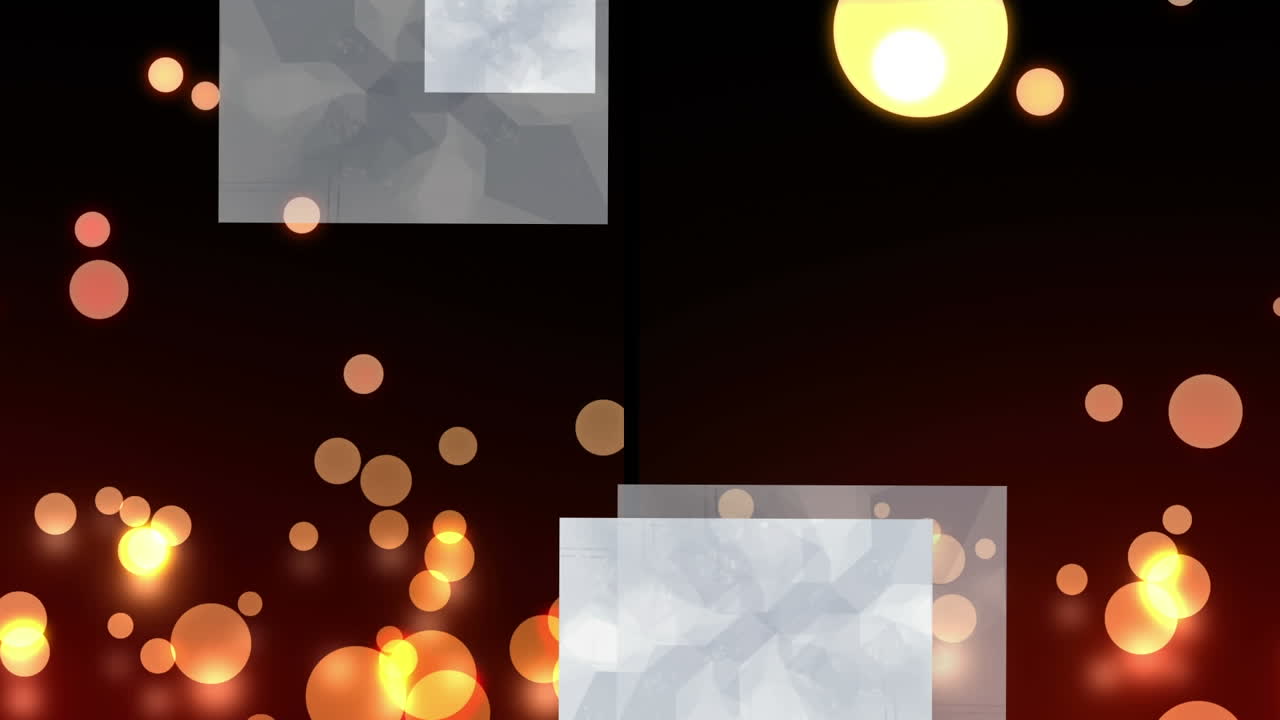 회색 사각형과 오렌지색과 노란색의 빛 반점이 검은색에 떨어지는 분할 화면의 애니메이션