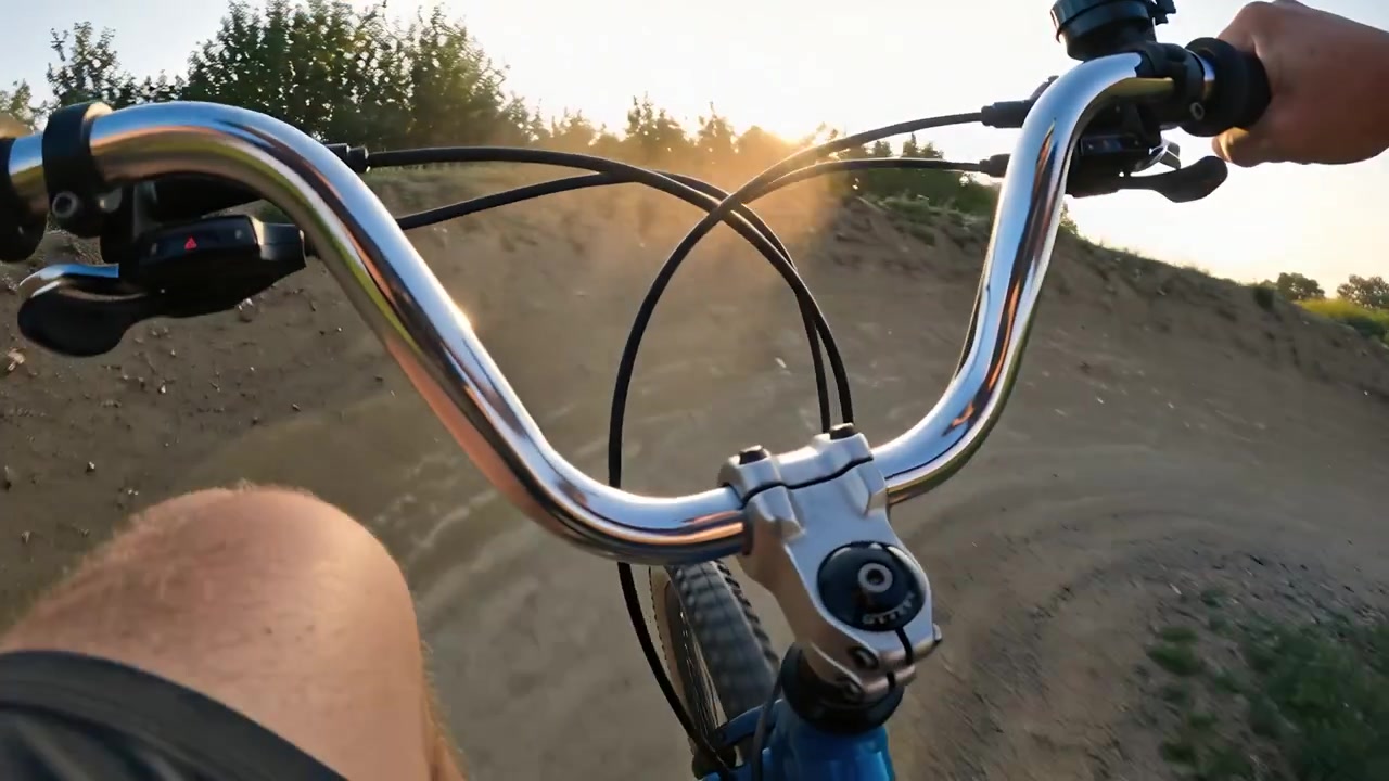 Aproximando-se de uma elevação, ciclista na bicicleta guiando, mantendo a velocidade na pista de pump track, segurando guidões cromados