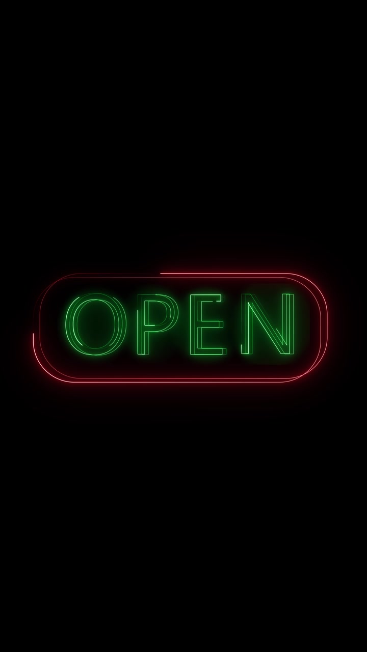 Green neon open store sign red border glowing tube effect black background retail videos cafe promos
