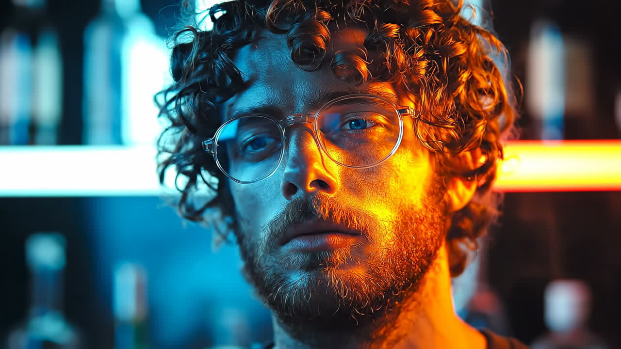 Close-up: person in glasses, smoke. A person with curly hair and glasses stares at the camera, smoke rising near their face